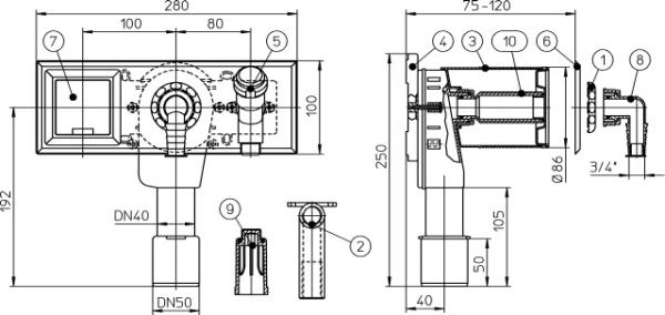 Waschgeräte-UP-Siphon DN40/50 mit integriertem Wasseranschluss, Auslaufhahn R 1/2" und UP-Elektrosteckdose - 280x100mm HL406E